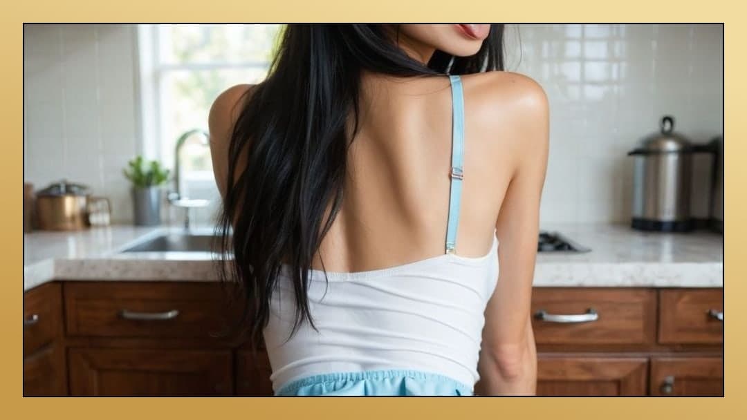 Athletic back view in kitchen