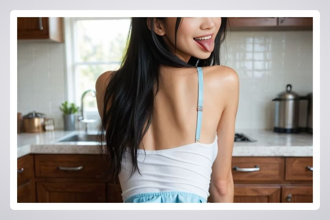Young Asian playful kitchen tease