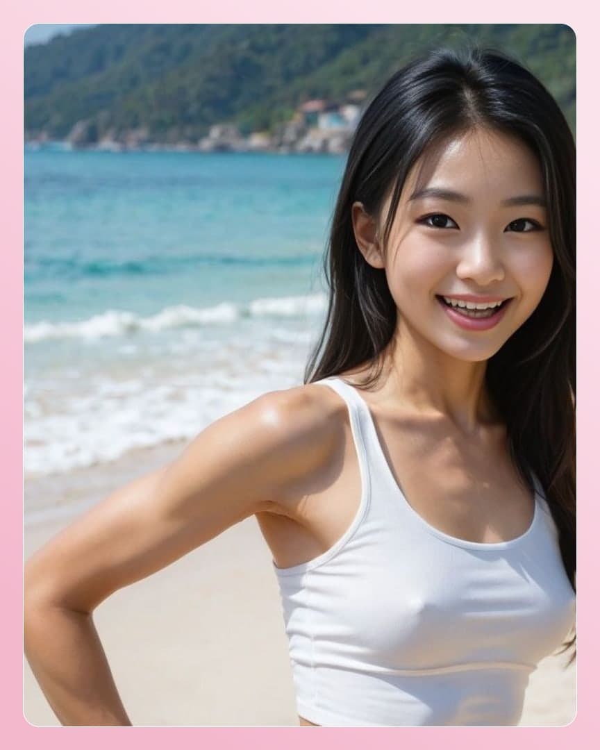 Asian in white tank top beach portrait
