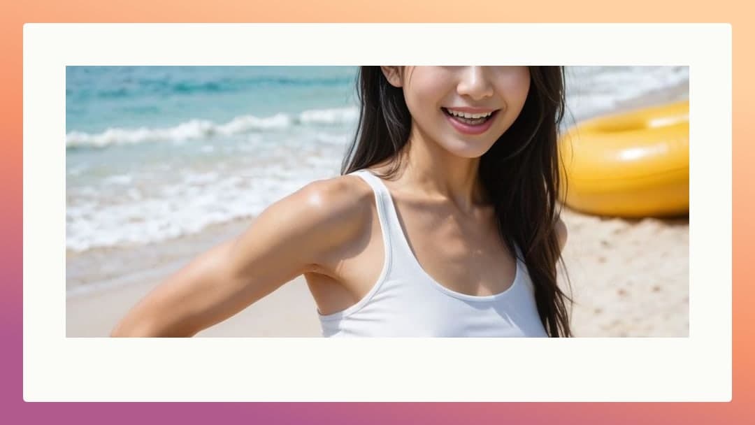 Asian in white tank top beach