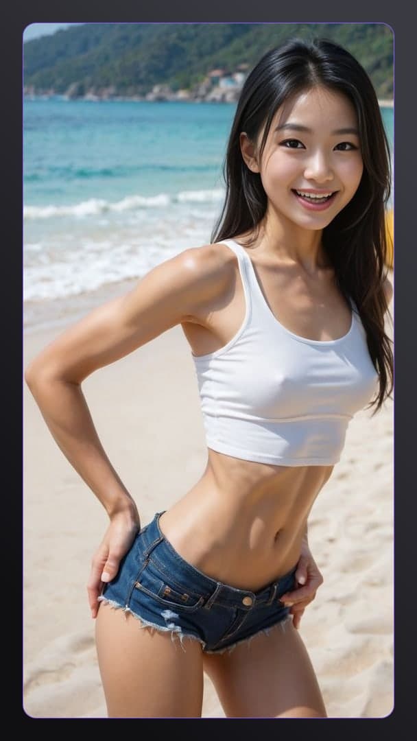 Athletic Asian beach selfie in denim shorts