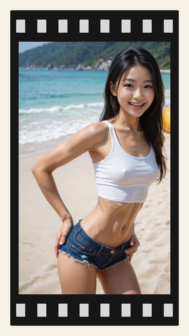 Athletic Asian midriff on sunny beach