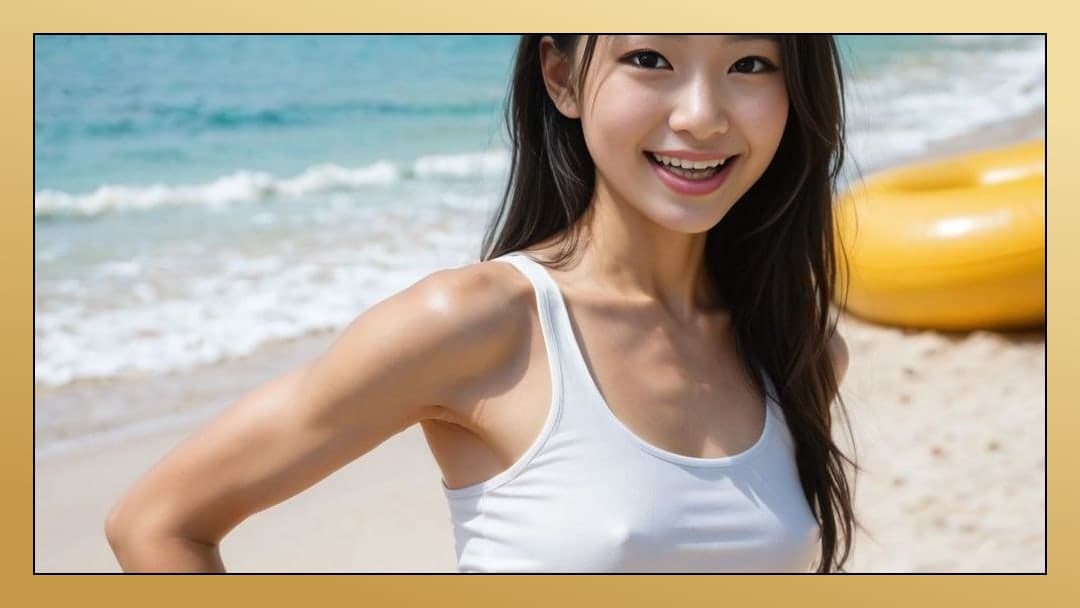 Asian beach smile in wet tank