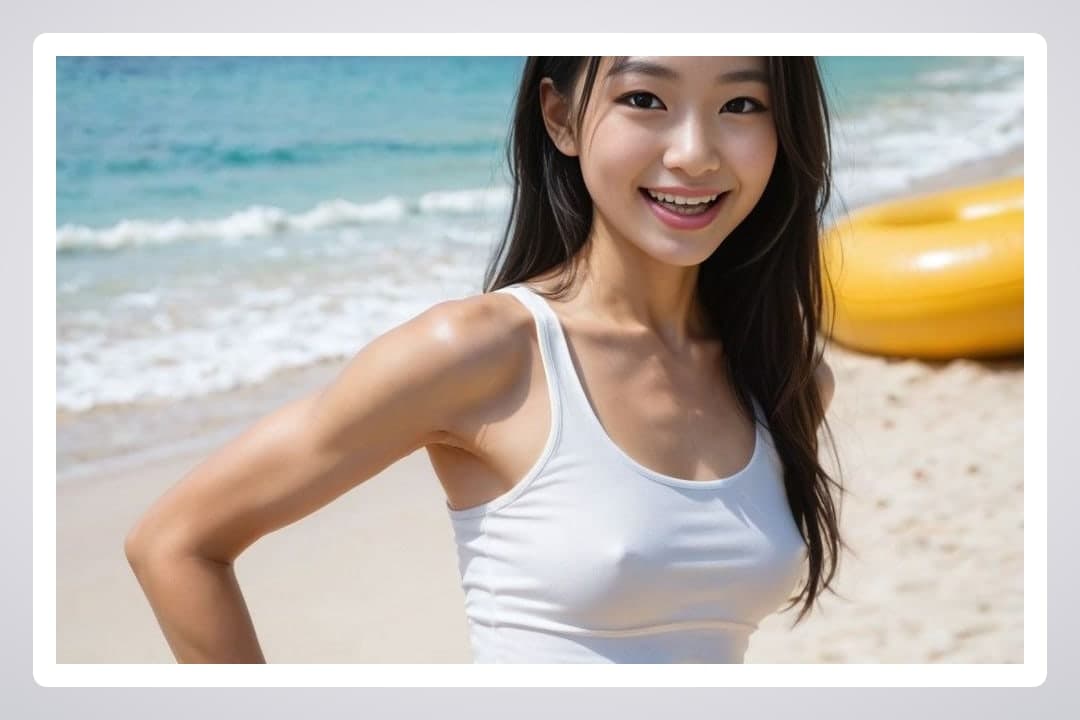Asian in white tank on beach