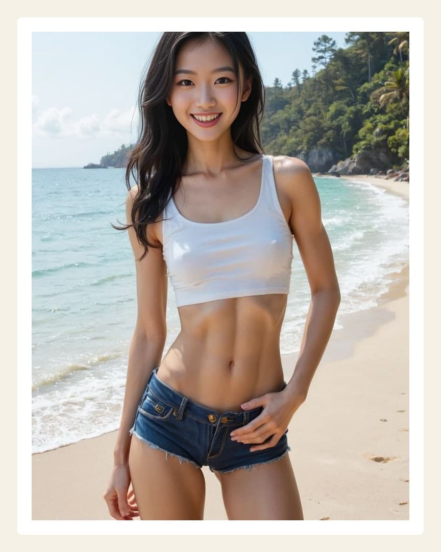 Athletic Asian abs on sunny beach
