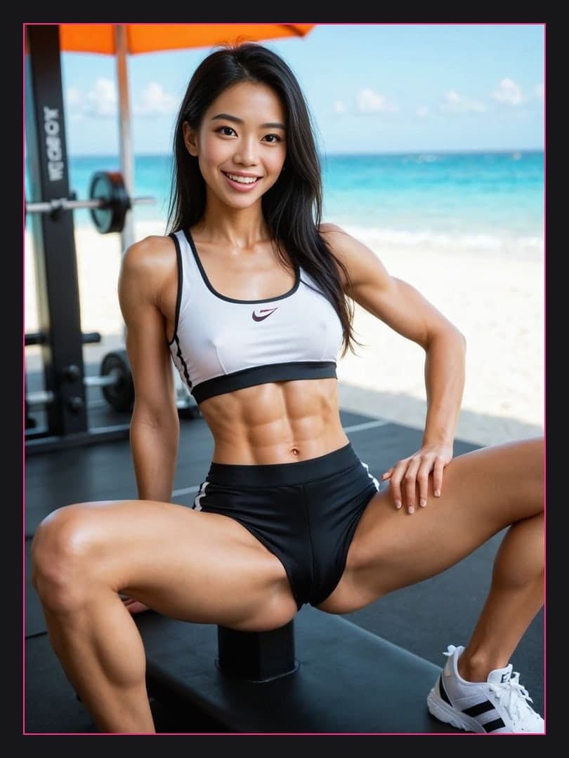Raven hair gym bench beach pose