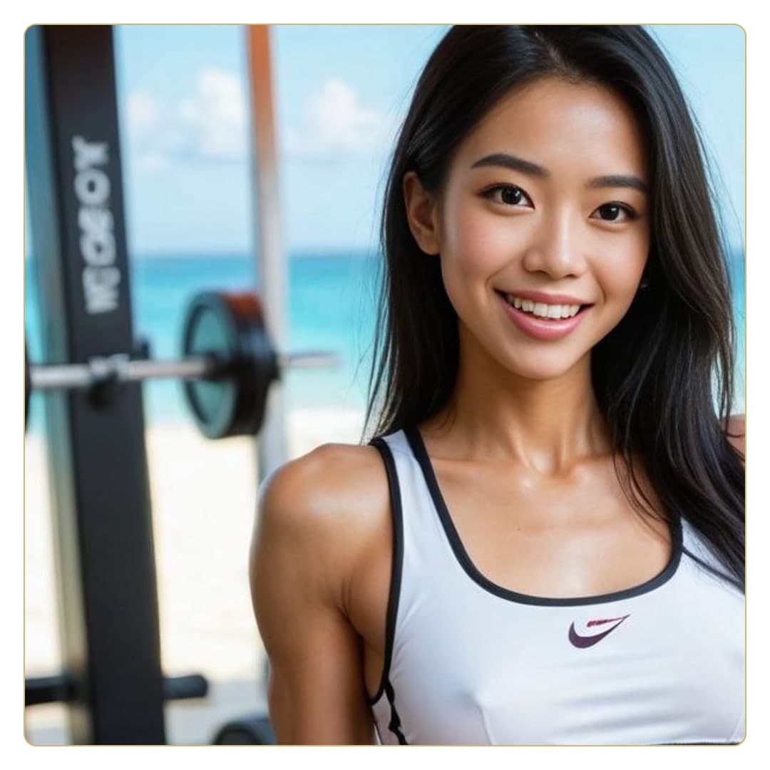 Asian fitness coach beach gym smile