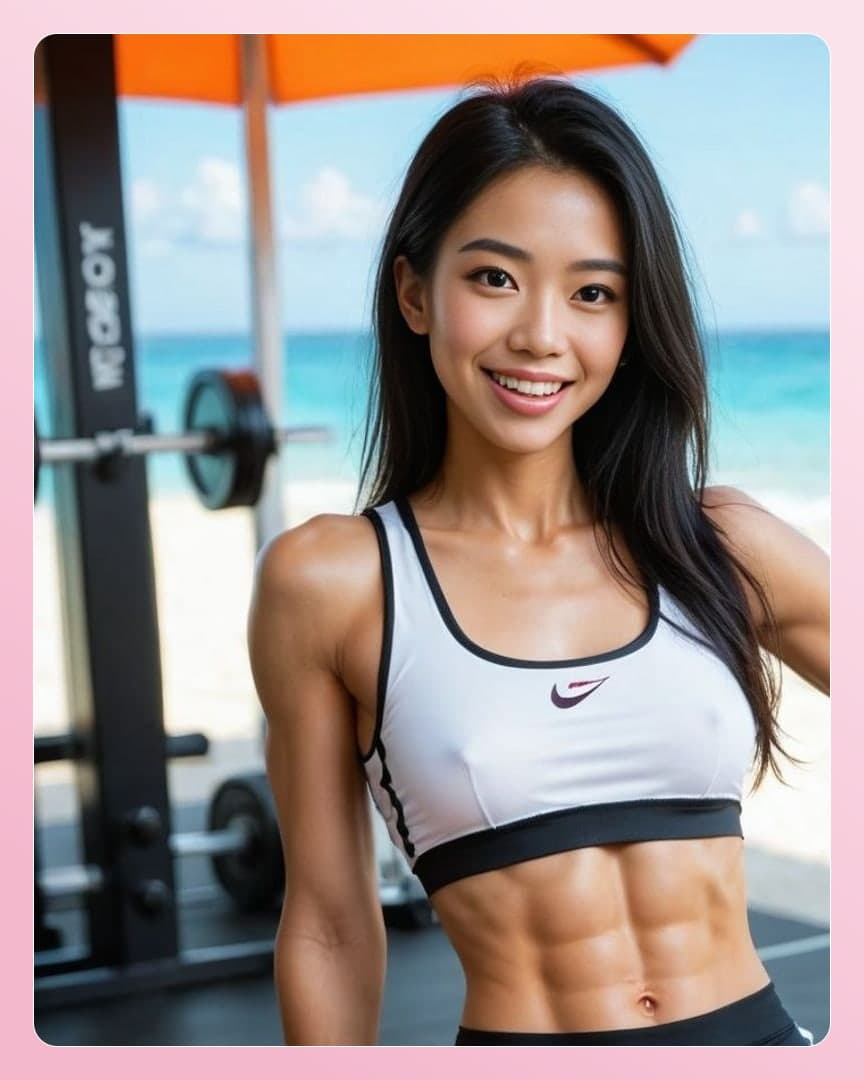 Athletic Asian abs at beach gym