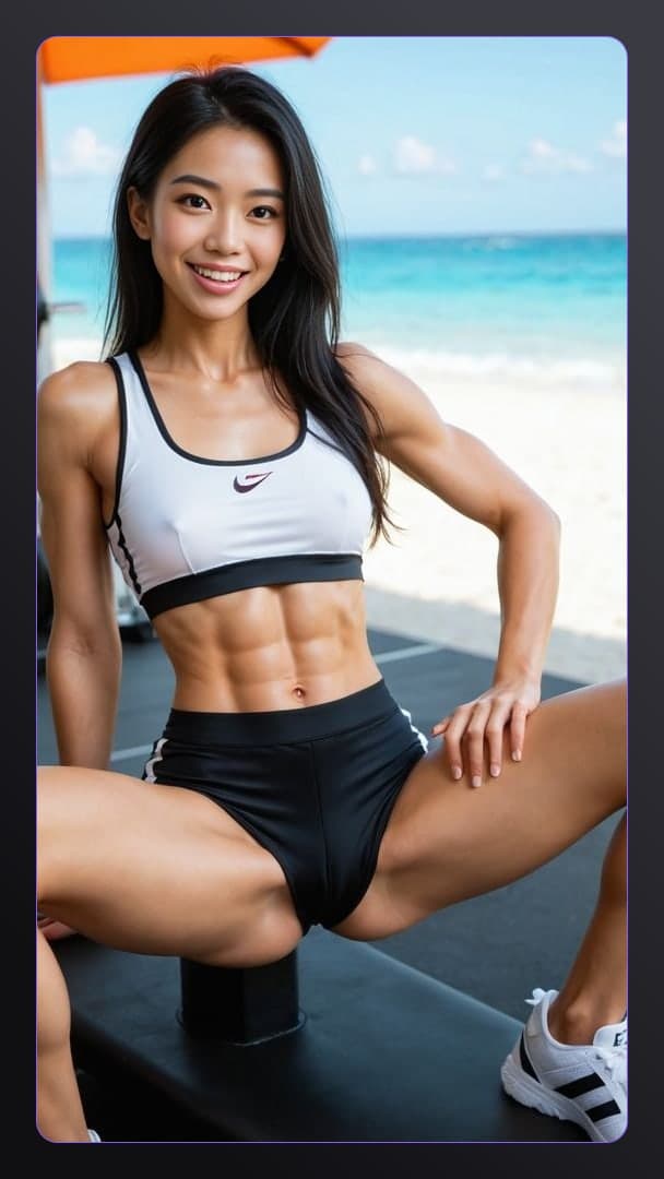 Early 20s beach gym bench pose