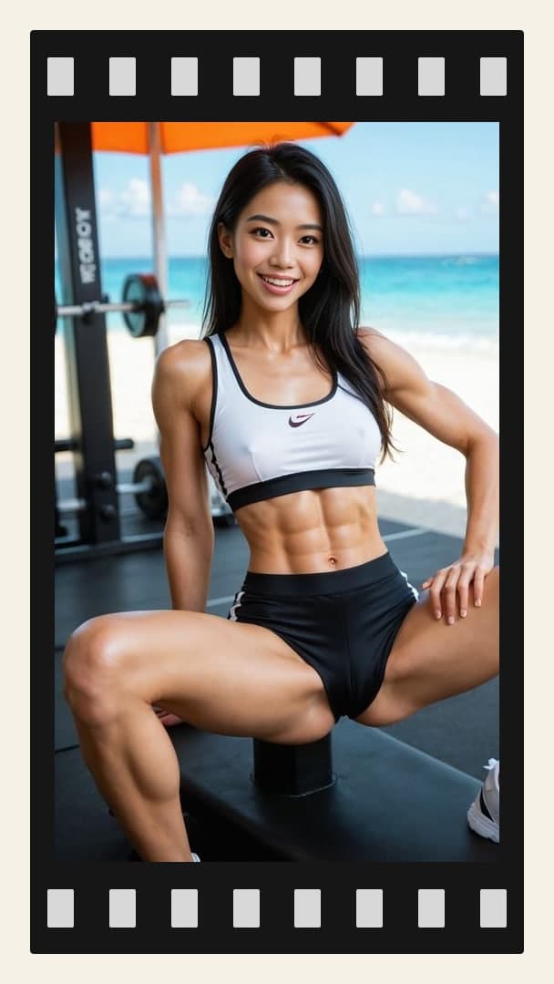 Gym bench pose with ocean view