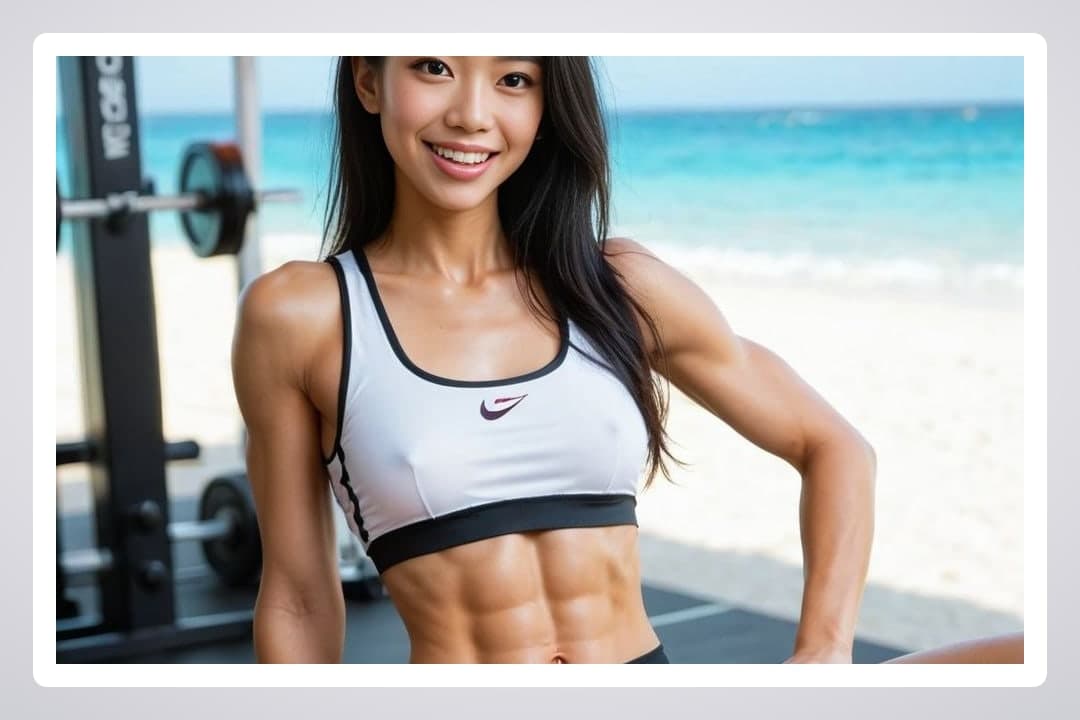 Athletic Asian cleavage beach selfie