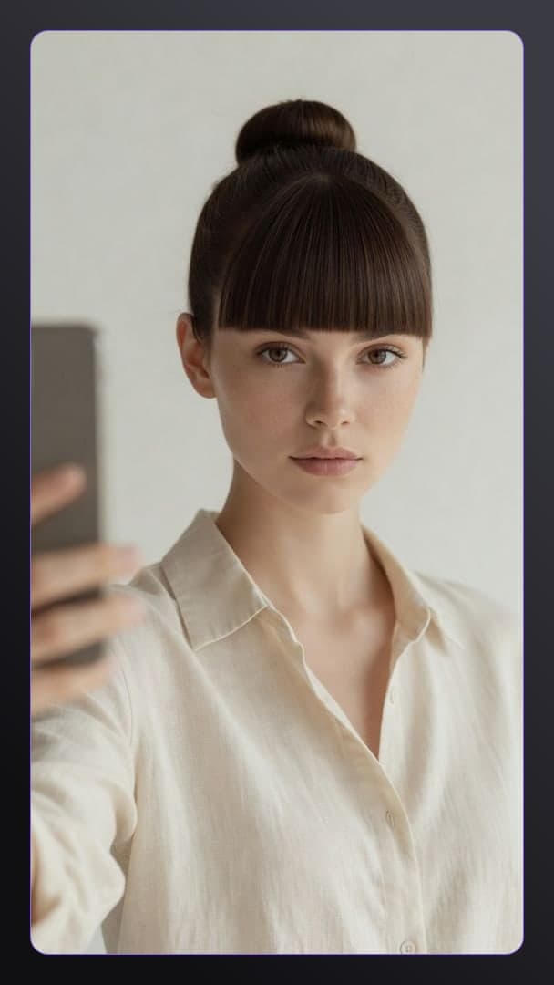 Slim brunette linen shirt selfie