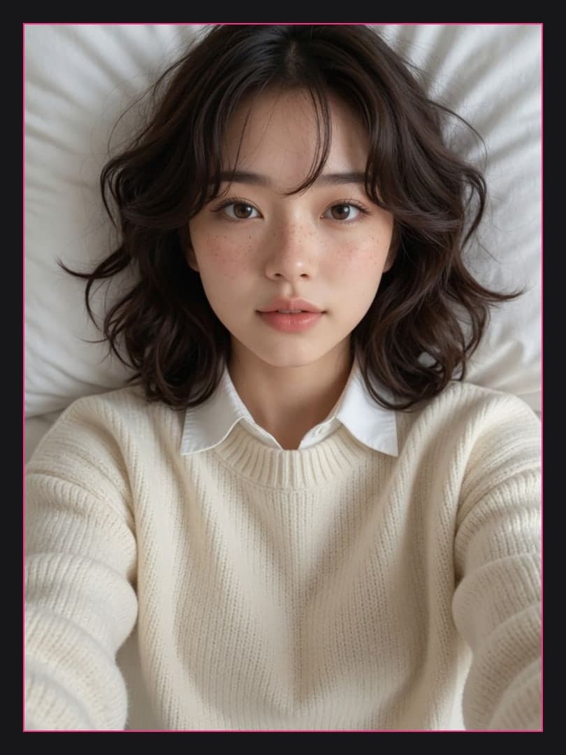 Young Asian woman in bed selfie