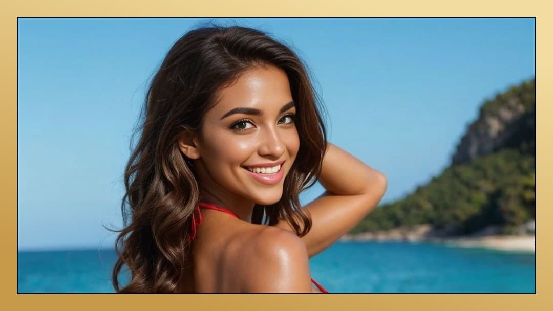 Latina in red bikini over shoulder