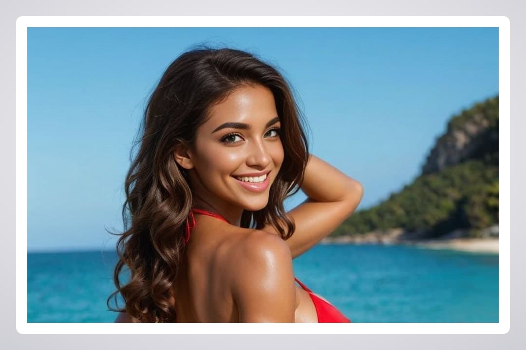 Curvy Latina in red bikini beach
