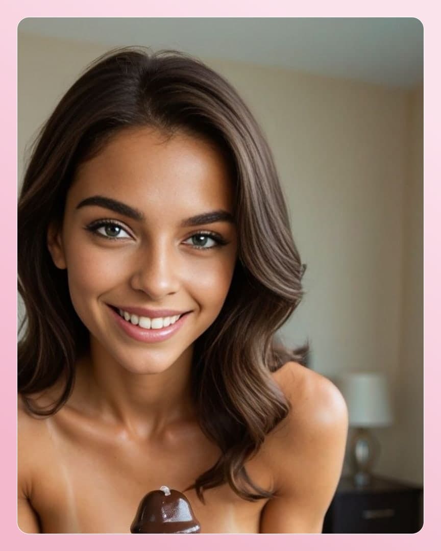 Long wavy brunette bedroom smile