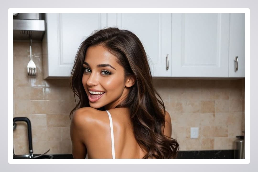 Kitchen topless back view smile