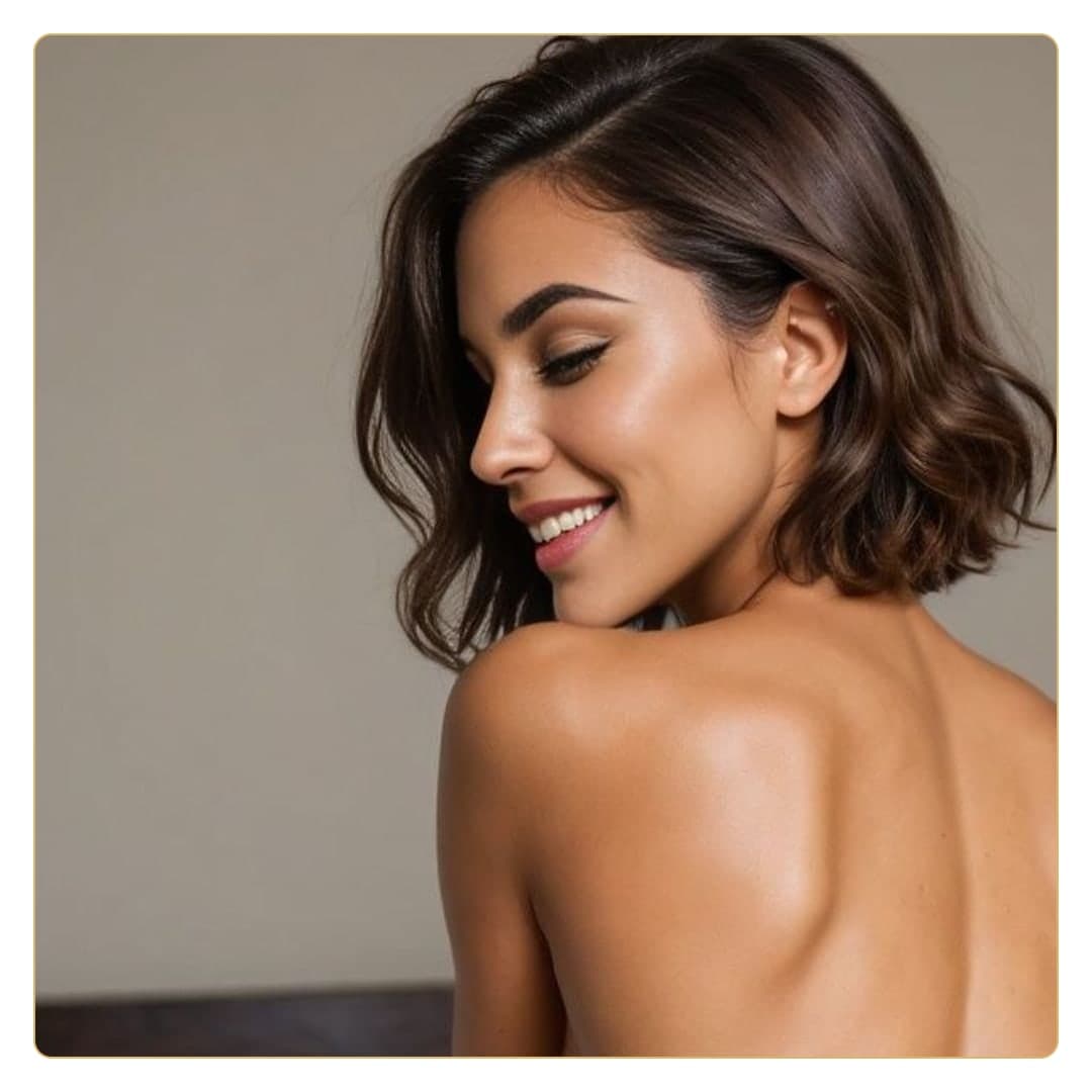Brunette green eyes bare shoulder smile