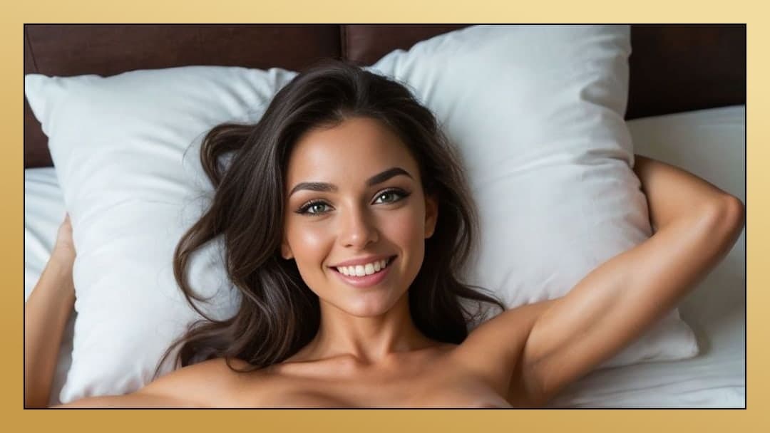 Curvy topless brunette in bed
