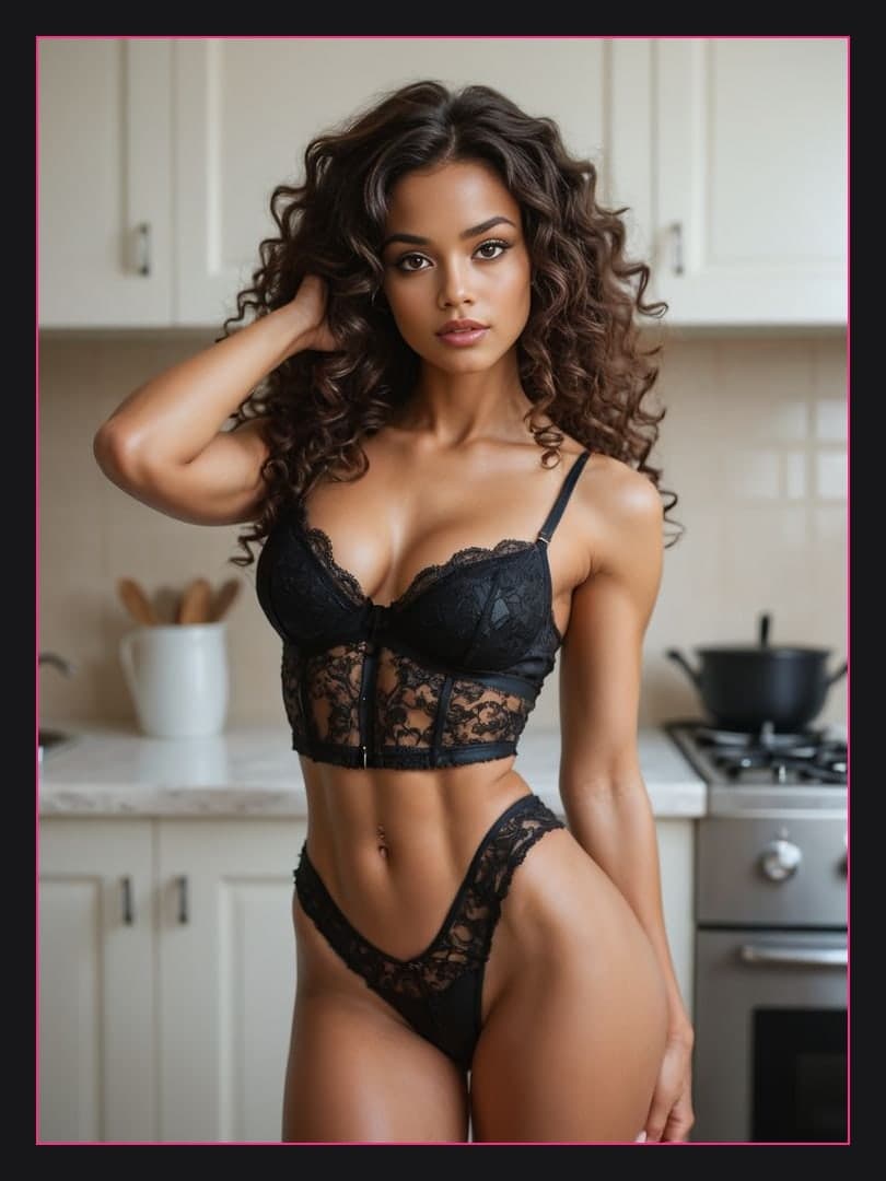 Young adult in black lace kitchen