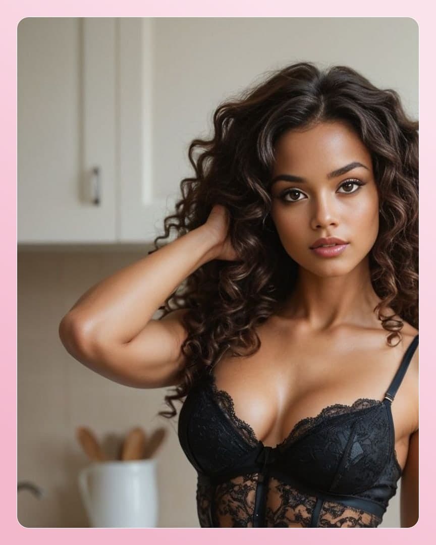 Young adult kitchen cleavage portrait