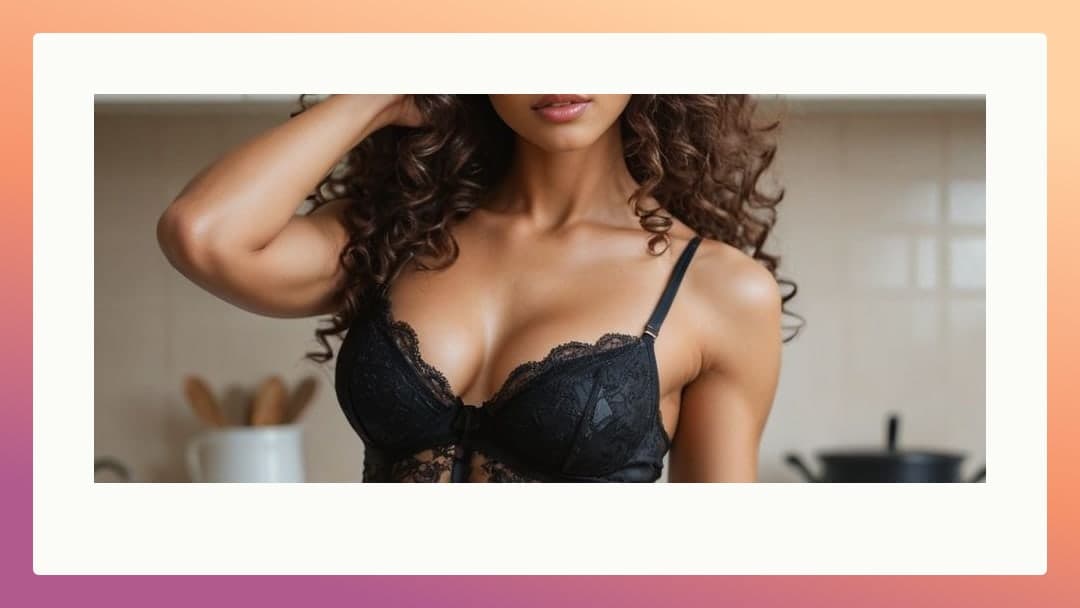 Curvy brunette kitchen cleavage pose