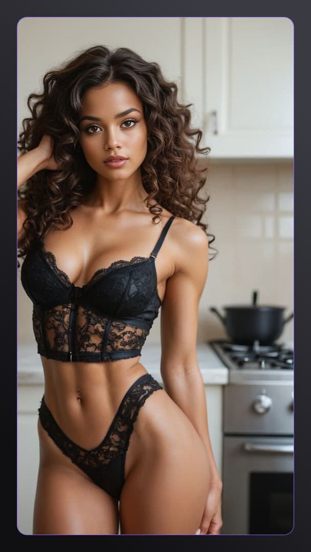 Curly brunette kitchen lace pose