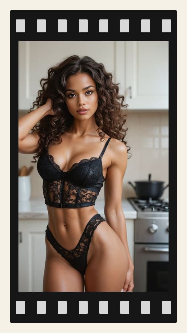 Curvy brunette in black lace kitchen