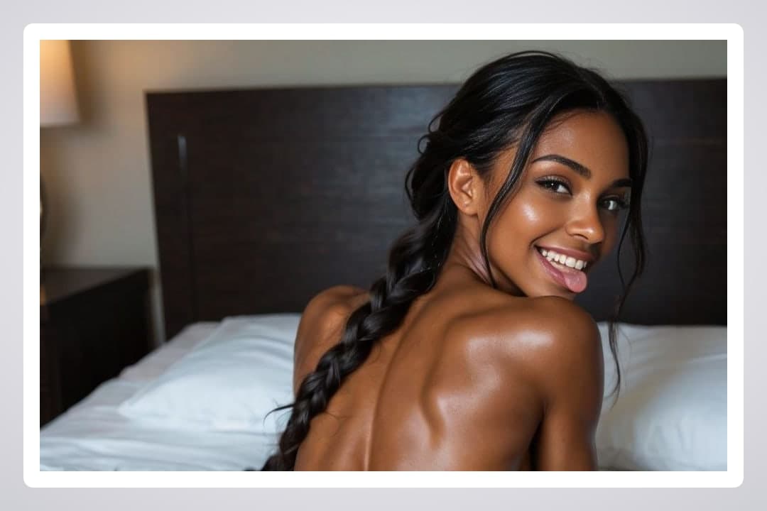 Tongue out topless bed selfie