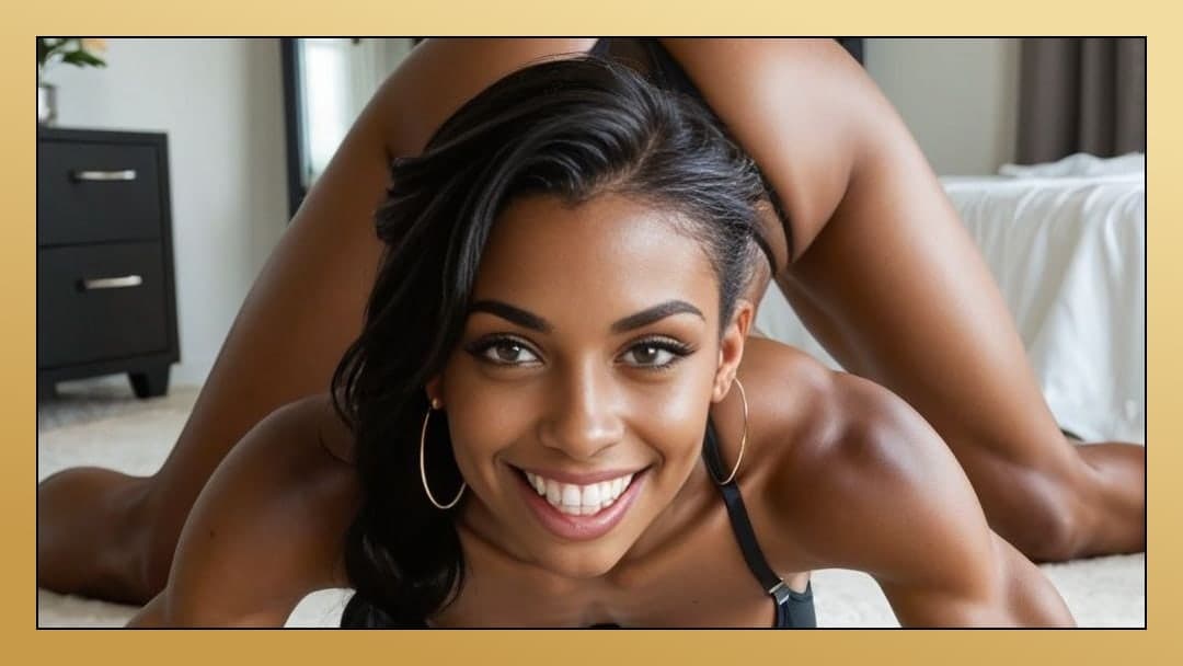 Raven hair bedroom smile close up