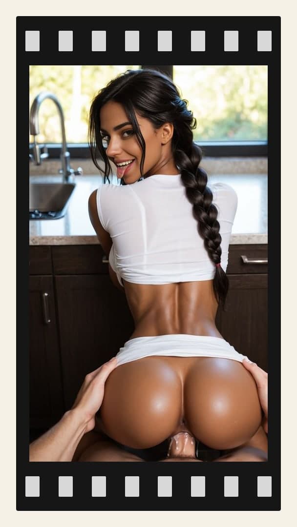 Curvy ebony bent over kitchen counter