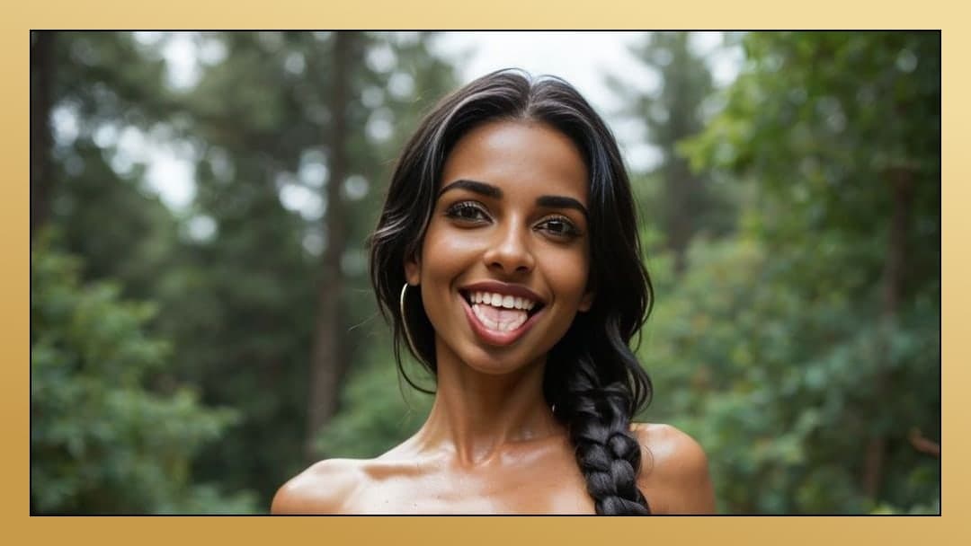Tongue out topless forest smile