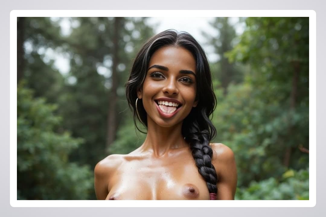 Topless tongue out forest selfie