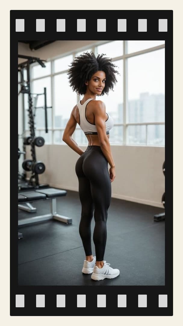 Young adult gym pose from behind