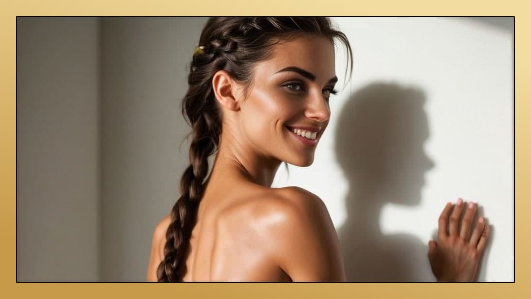 Topless braid over shoulder smile