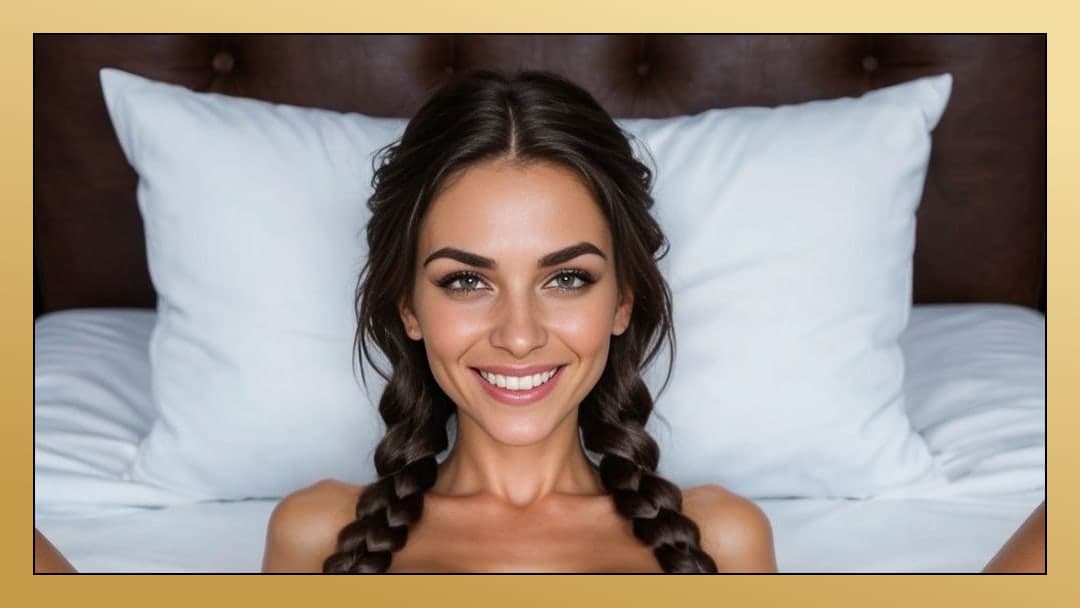 Smiling face on white pillows in bed