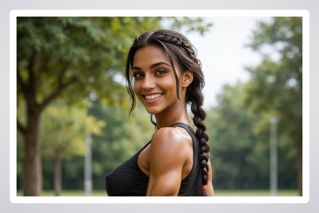 Long braid over shoulder park smile