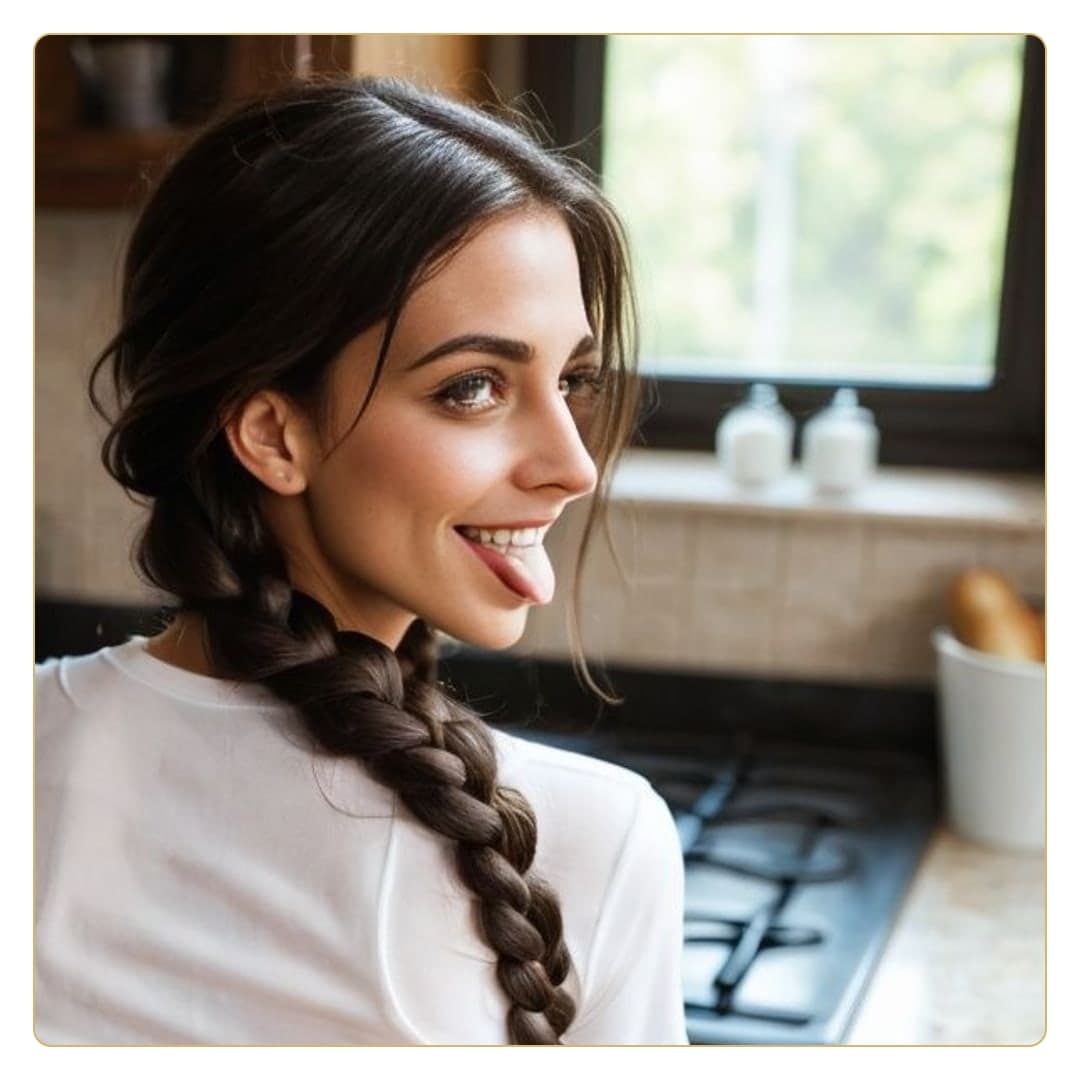 Long braid tongue out smile