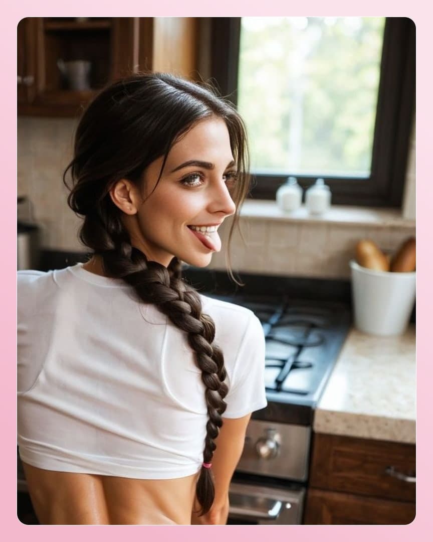 Long dark braid playful tongue