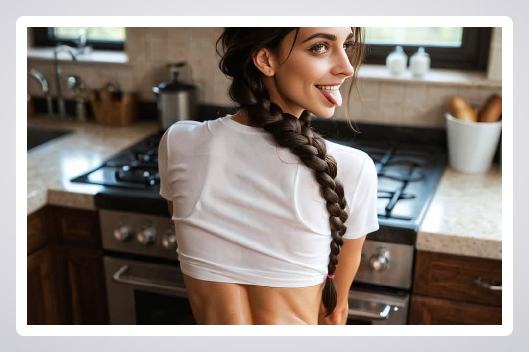 Young adult playful kitchen tease