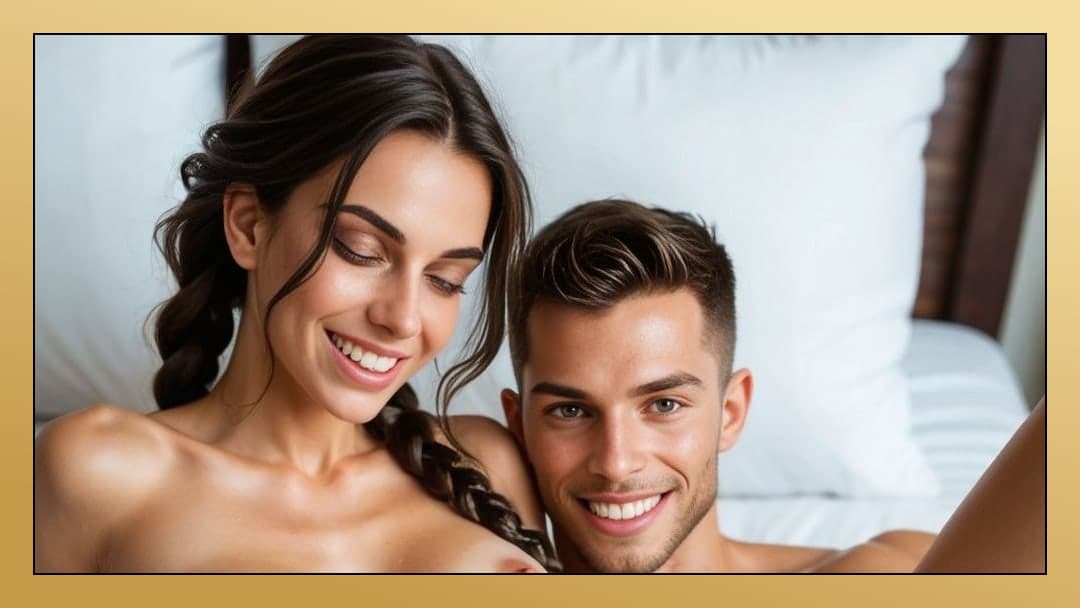 Braided hair topless bedroom smile