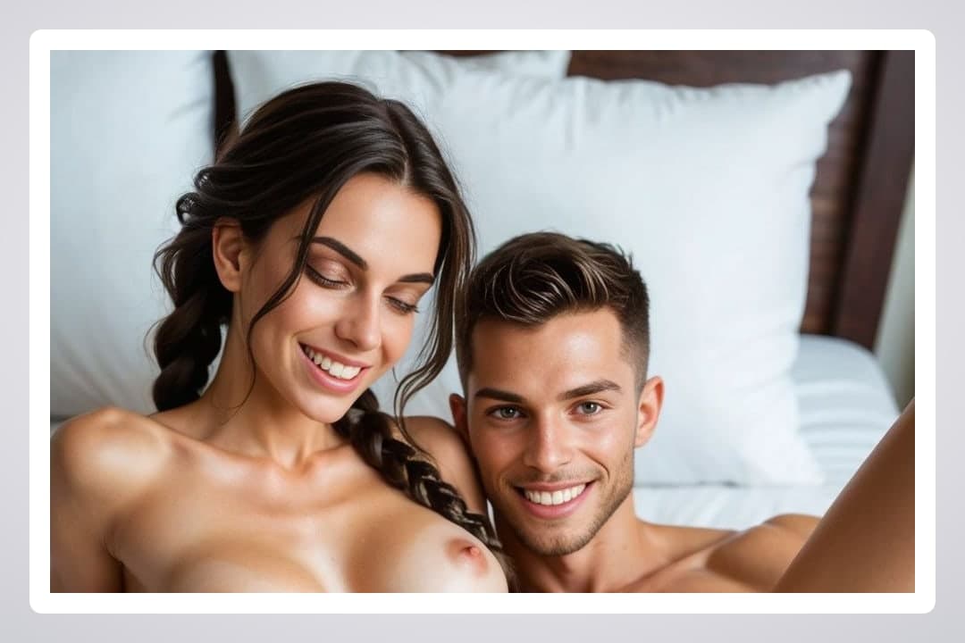 Topless selfie in bright bedroom