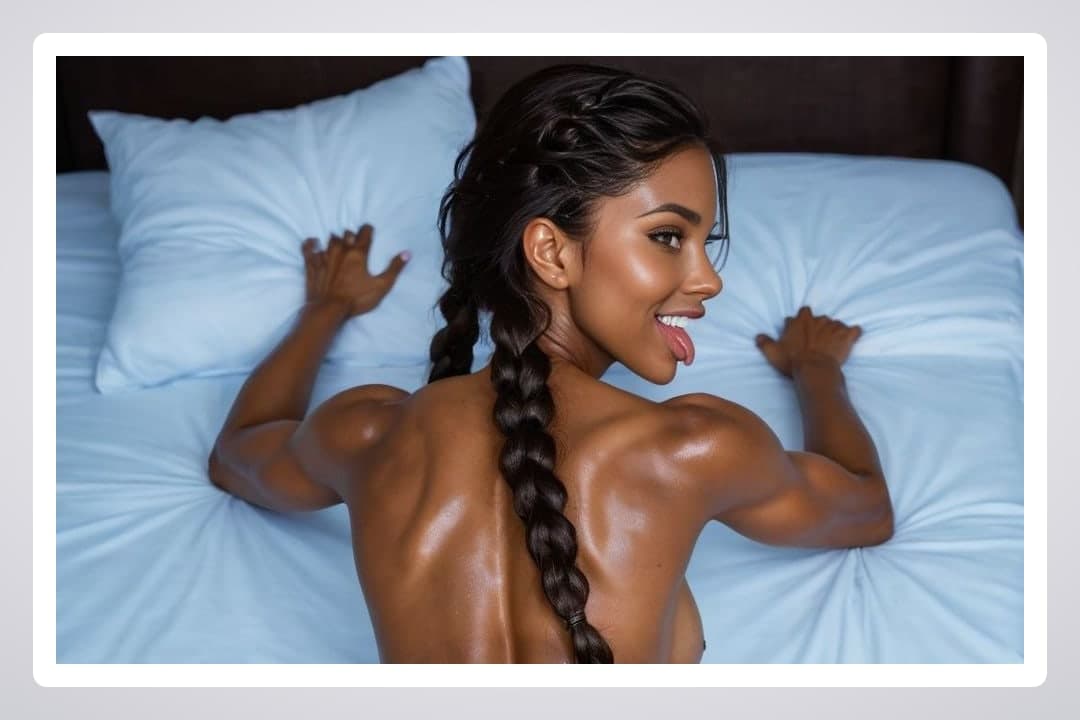 Topless on blue sheets looking back