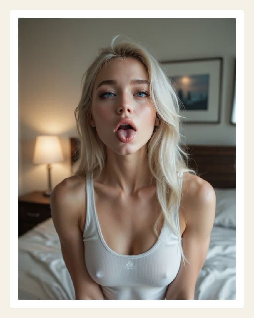 Ahegao tongue out on bed