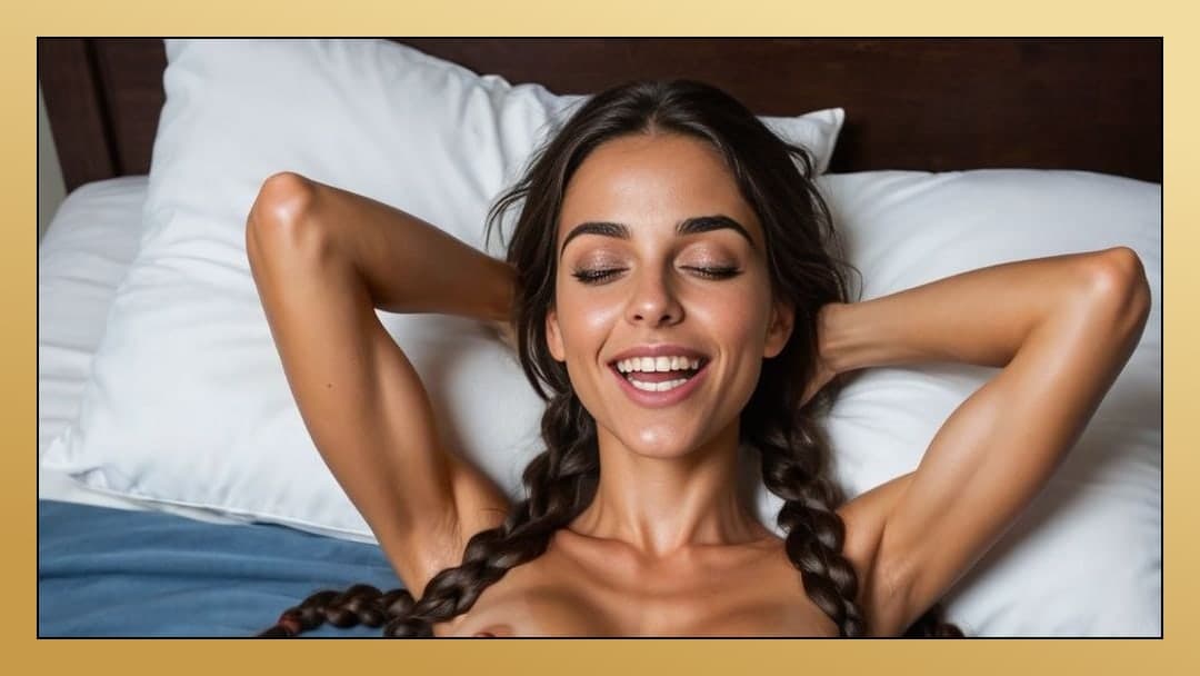 Long dark braids bedroom grin