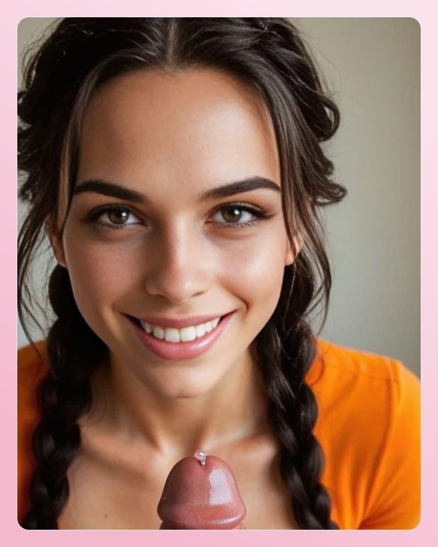Long braids green eyes cum on chin
