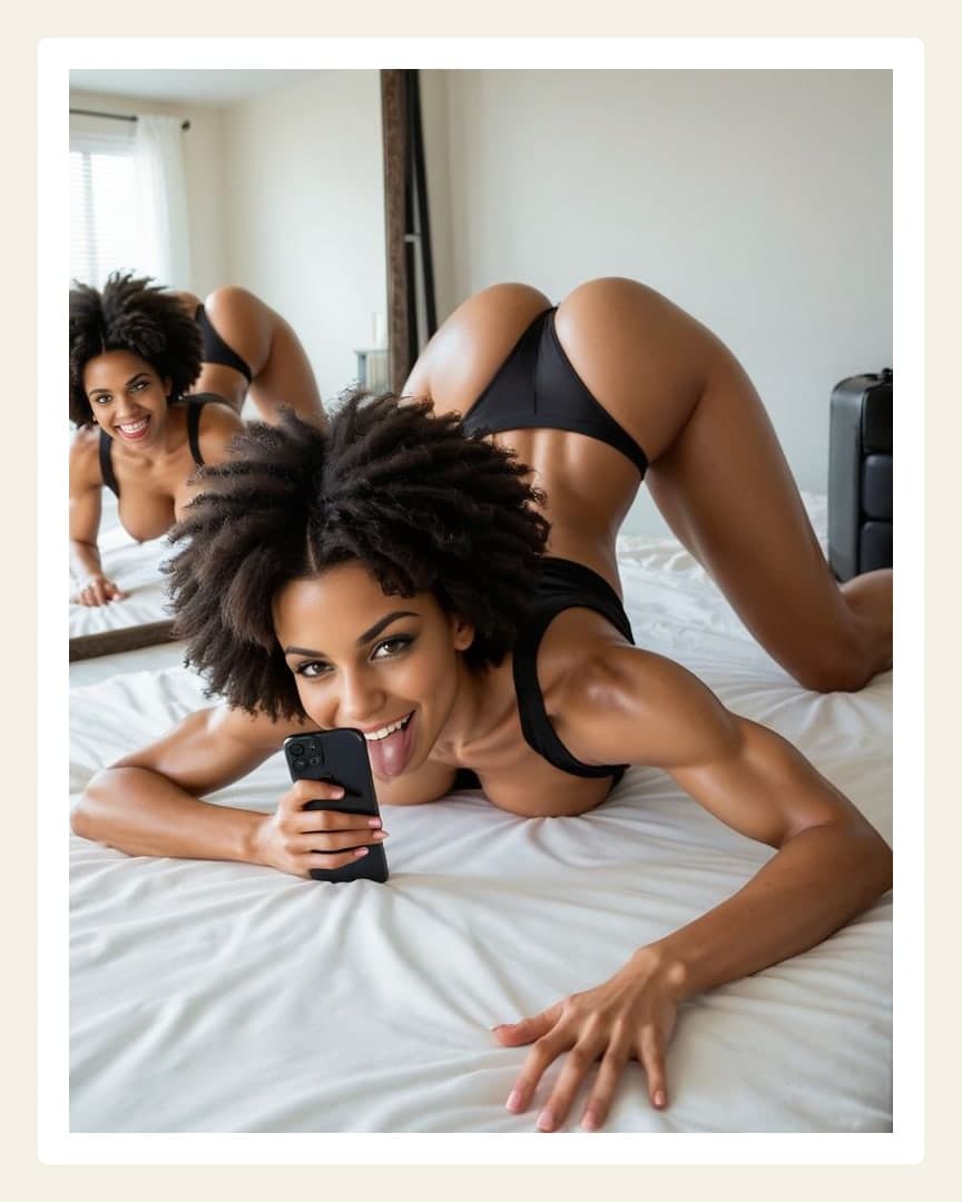 Curvy ebony selfie on bed