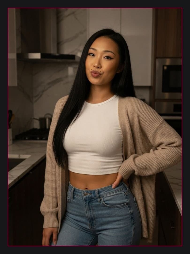 Asian full body kitchen pose