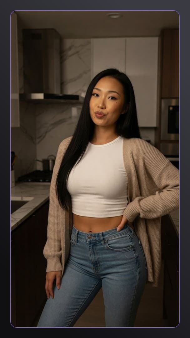 Raven hair kiss in kitchen