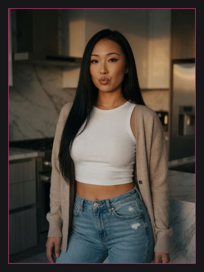 Asian in kitchen crop top selfie